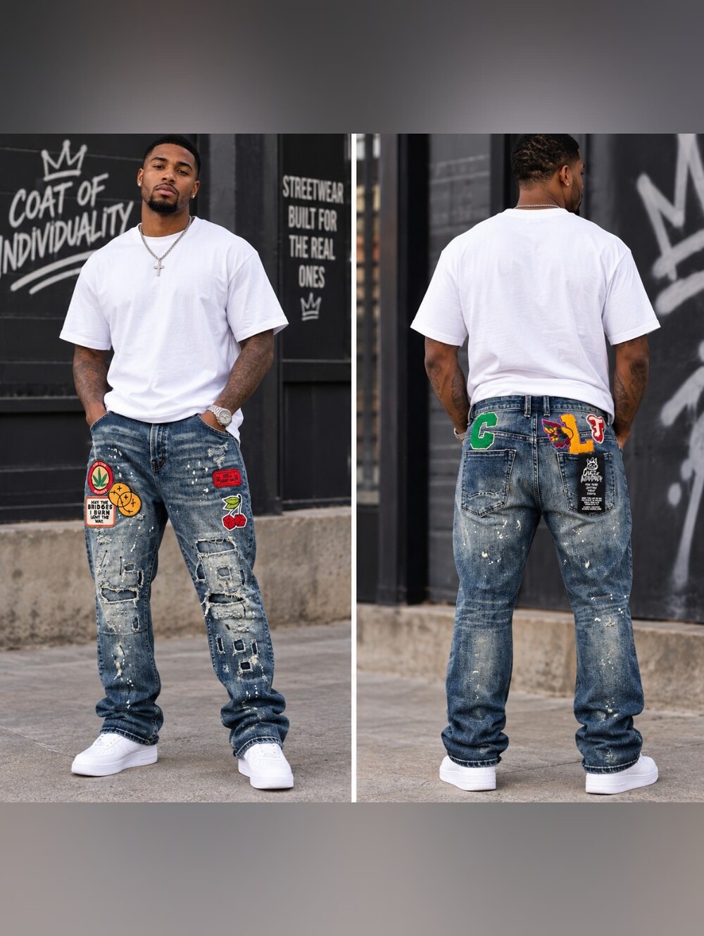 Cult of Individuality Men's Distressed Blue Jeans with Patchwork Accents